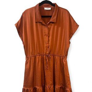 Lucky Brand XL Rust Cinched Waist Tiered Collared Dress with Pockets